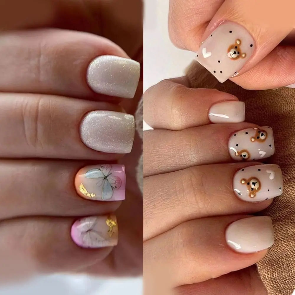 Short Round False Nails French Bear Glitter Butterfly Full Cover Zpaxo