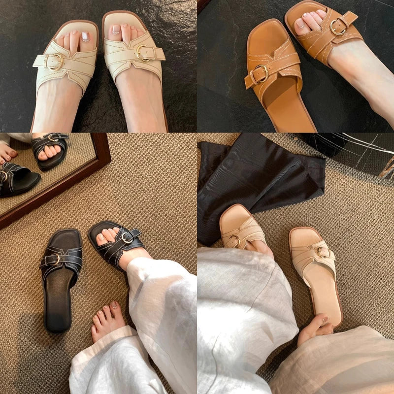 Women Flat Slip Niche Retro Cut Square Toe Stitched Belt Buckle Low Zpaxo