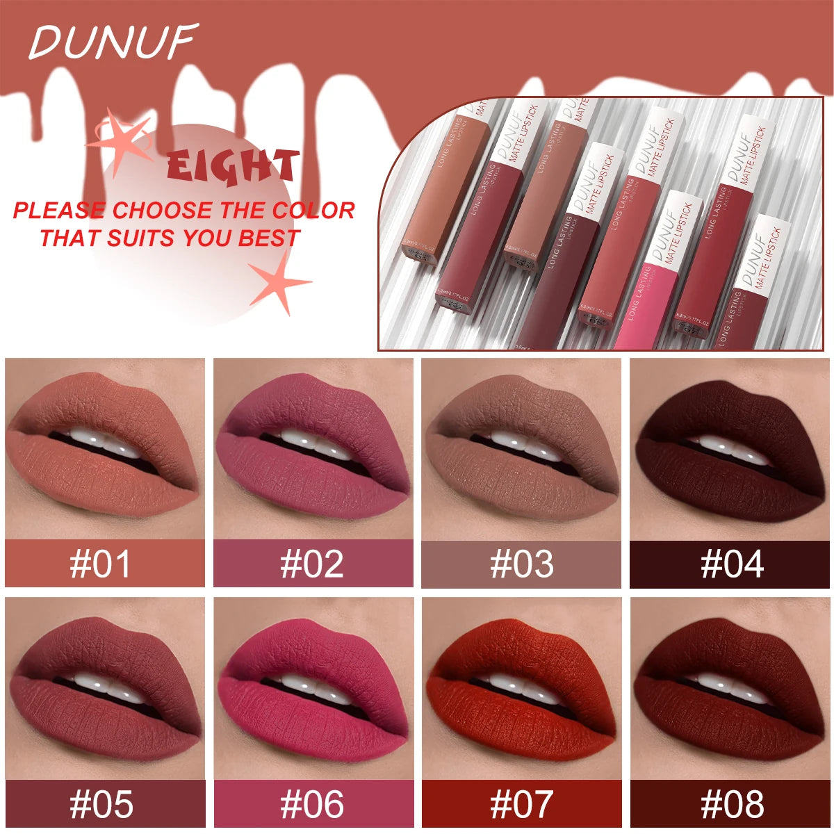 8Pcs/Set Matte Velvet Lip Gloss Long Lasting Nude Shades Non Fading Waterproof Sweatproof Lightweight Comfortable Zpaxo
