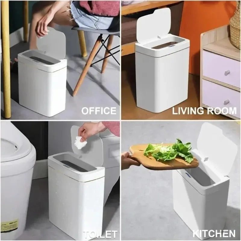 White Touchless Smart Sensor Trash Can Electronic Bathroom Garbage