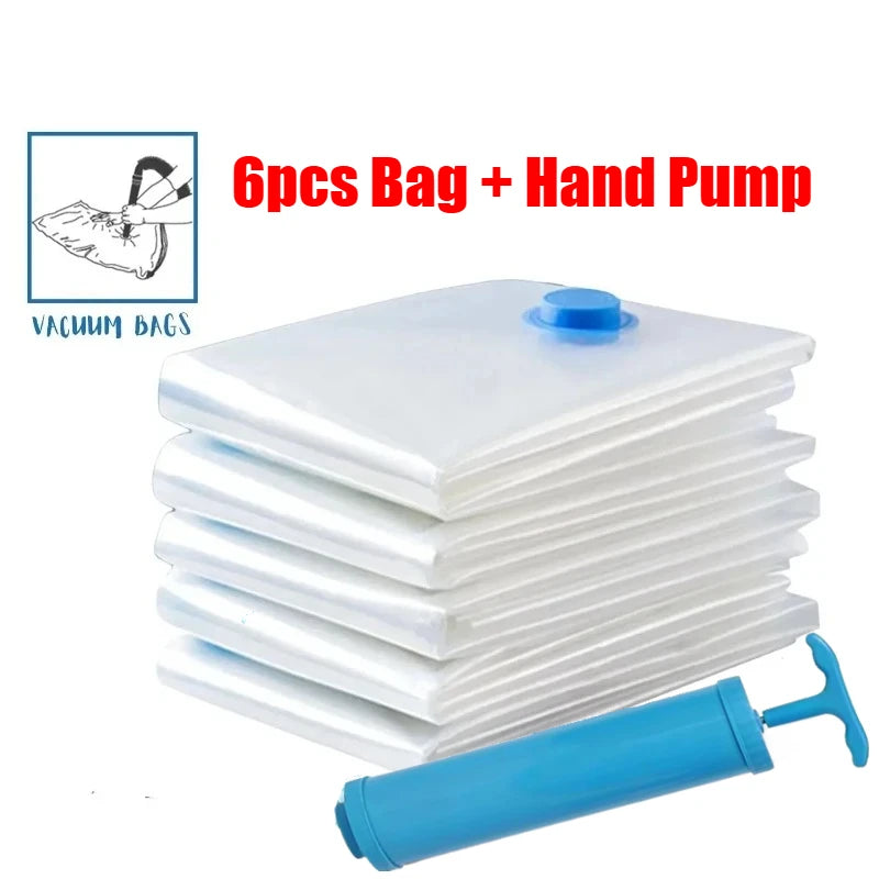 Vacuum Bag With Valve or Pump for Clothes Storing Large Plastic Compression Empty Bag Travel Accessories Storage Container Zpaxo 6Pcs Bag-Hand Pump 30x50cm