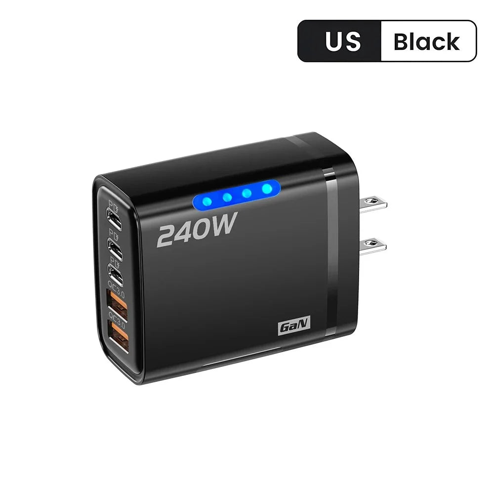 240W 5-Port Fast Charger – USB-C PD & QC 3.0 Wall Adapter Multi-Port Wall Charger Zpaxo US Black