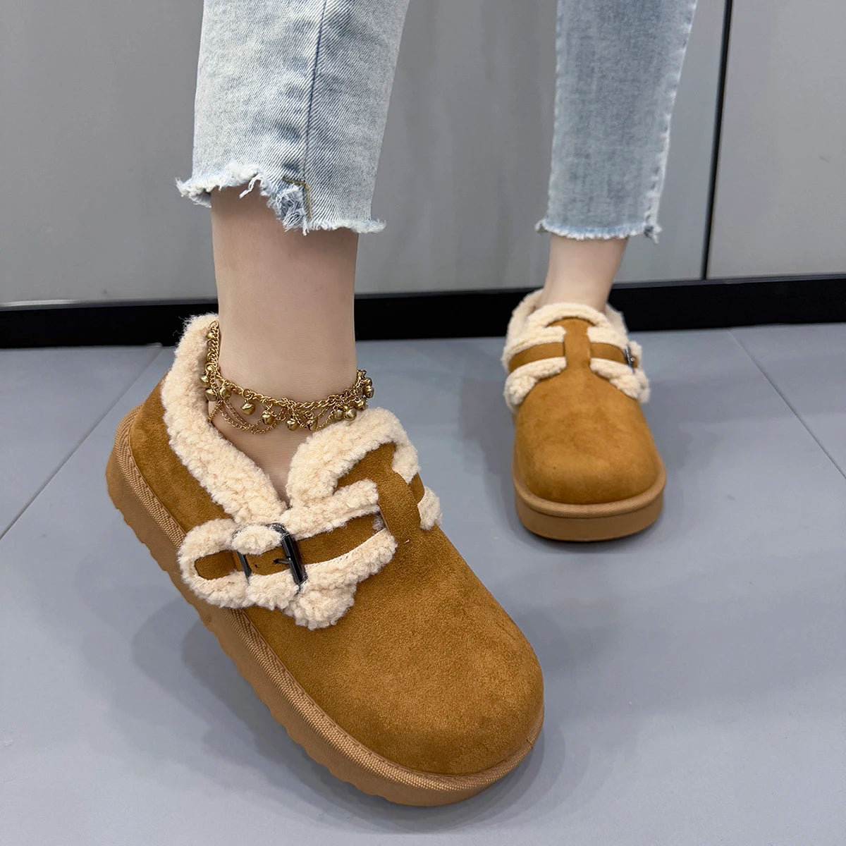 Women Boots Fashion Faux Fur Shoes for Women Winter Thick Bottom Non Slip Ankle Boots Warm Metal Belt Buckle Snow Boots Women Zpaxo