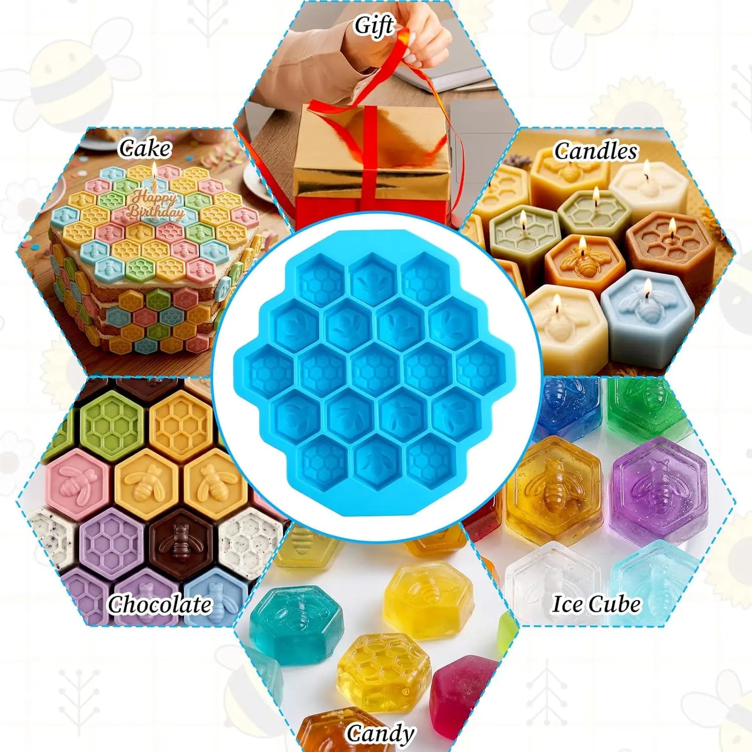 Honeycomb Bees Silicone Soap Mold 19-Cavity Chocolate Cake Candy Jelly Ice Cube Dessert Baking Clay Mold Zpaxo