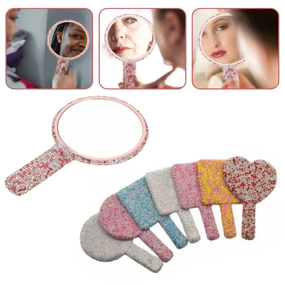 New Rhinestone Makeup Mirror with Handle Round Square Heart Shape Cosmetic Hand Mirror Portable Shiny Bling Handheld Mirror Zpaxo