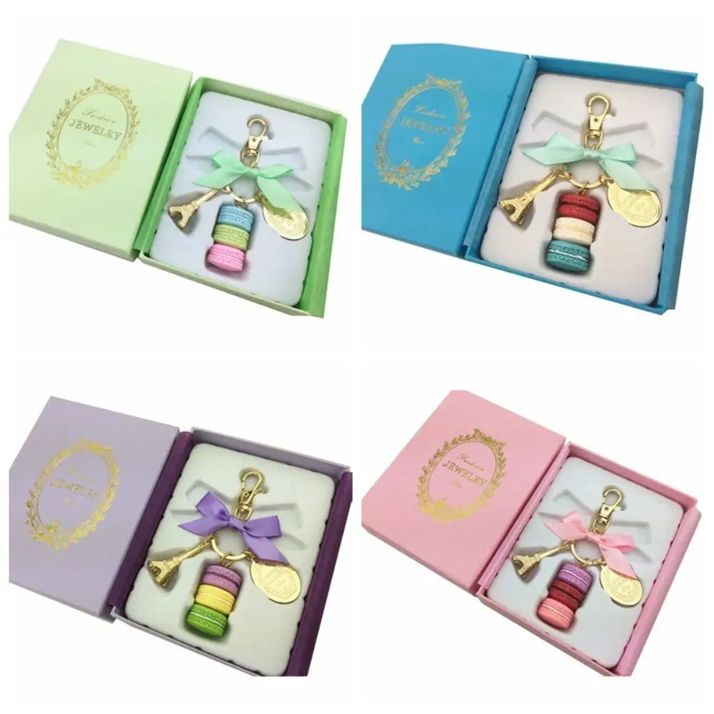 Alloy Bowknot Macaron Cake Pendant Bag Charm Gold Color Eiffel Tower Key Chains Kawaii Dessert Macaron Key Ring Women Girls Zpaxo