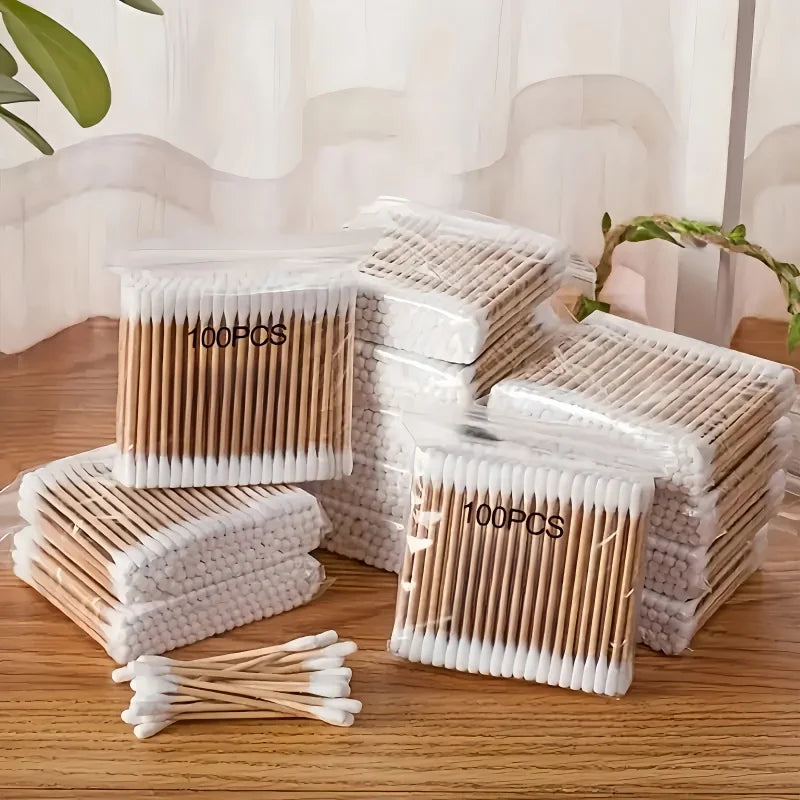 Double-ended 100-piece makeup cotton swab sticks, with wooden rods, used for cleaning ears and removing makeup Zpaxo