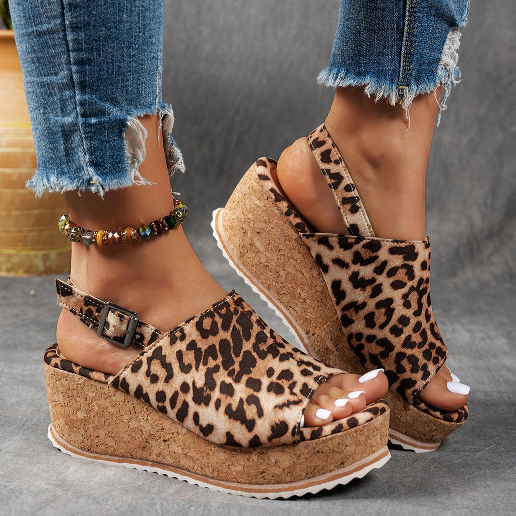 Women Buckle Decor Heel Wedge Sandal Mujer Pleated Leopard Sandals Zpaxo