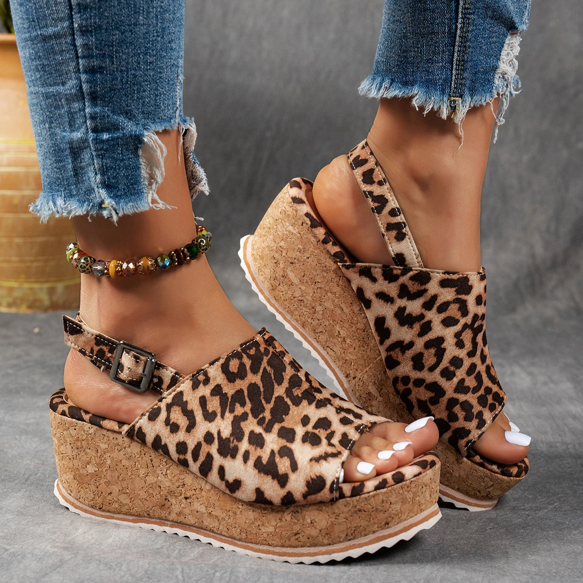 Women Buckle Decor Heel Wedge Sandal Mujer Pleated Leopard Sandals Zpaxo