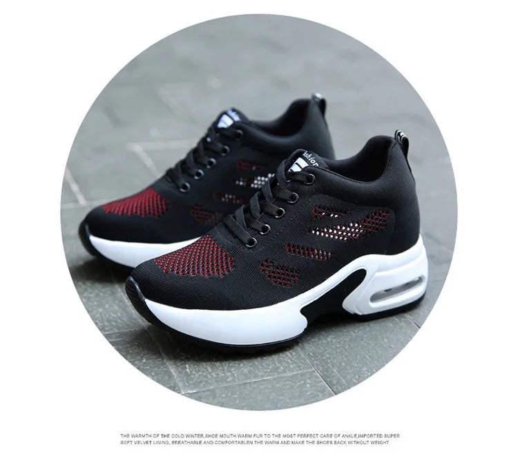 Women's Platform Mesh Breathable Sneakers Womens Spring Casual Wedge Zpaxo Hollow black red 34(Foot 22cm)