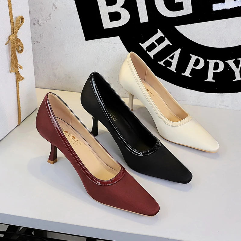 Womens Black Satin Pointed Toe Heel Pumps Patent Trim Elegant Zpaxo