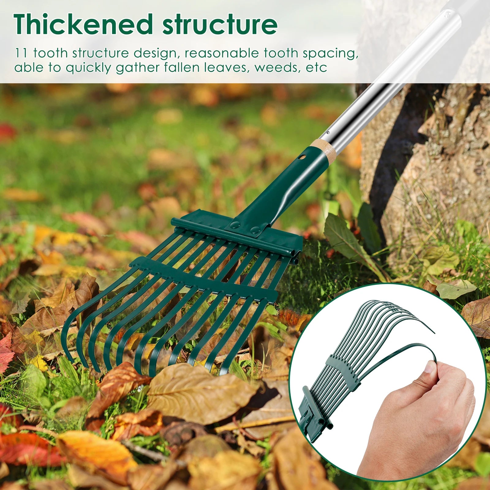 Garden Leaf Rake 51.6 inch Adjustable Long Handle With 11 Prong High Strength Shrub Flower Bed Cleaning Rake for Autumn Garden Zpaxo