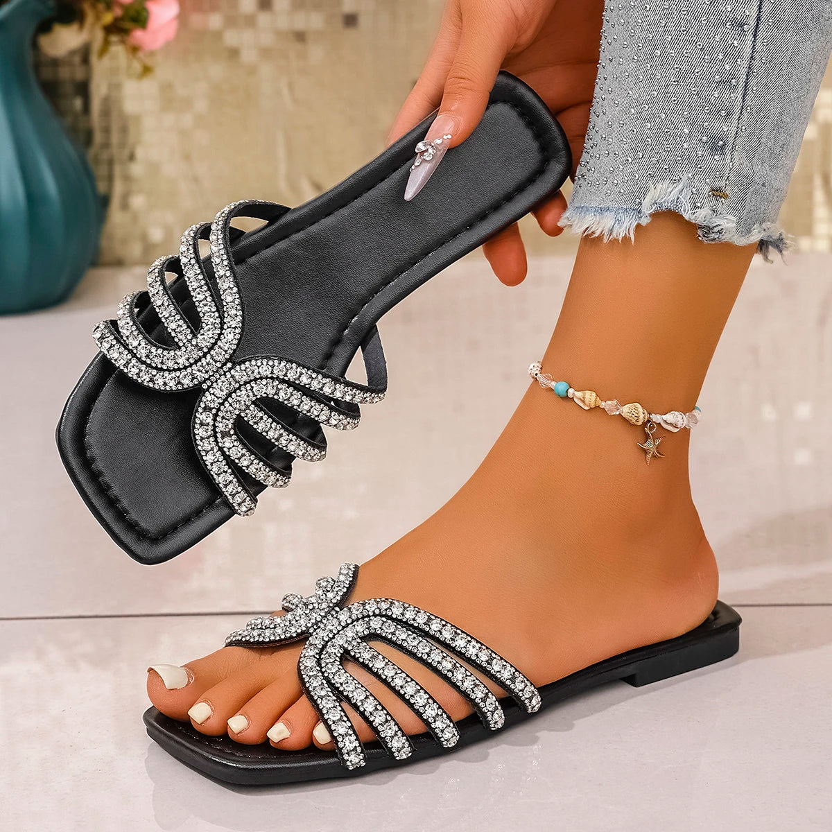Women Slippers Shiny Rhinestone Sandals Fashion Square Toe Outdoor Zpaxo black 43