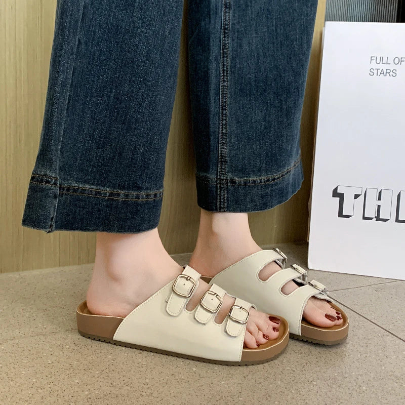 Womens Silver Three Buckle Strap Slide Sandals Open Toe Flat Slippers Zpaxo