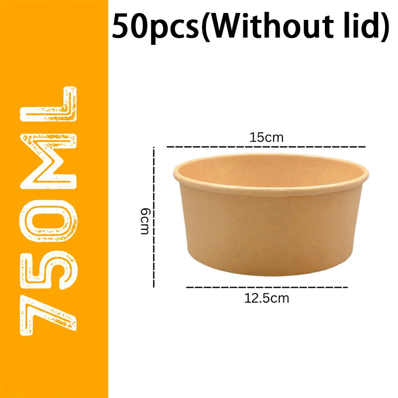 50-Pack 750mldisposable Salad Bowls Kraft Paper Transparent Lids Zpaxo 750ml without cap