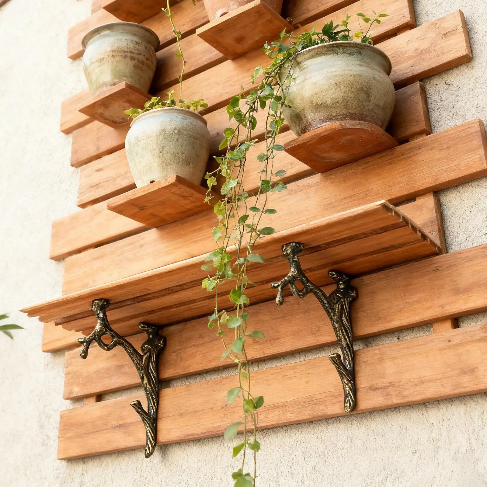 Floating Shelf Bracket Branch Wall Mounted Stand 2 Wood Shelves