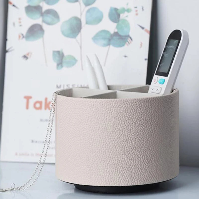 Nordic Style Yike Rotating Desktop Leather Storage Box Makeup Brush Storage Office Pen Holder Home Decoration Zpaxo White