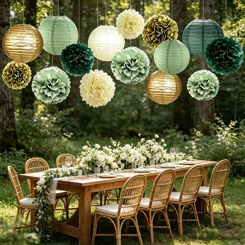 Sage Green Party Decorations Paper Lanterns Pom Poms Tissue Flower