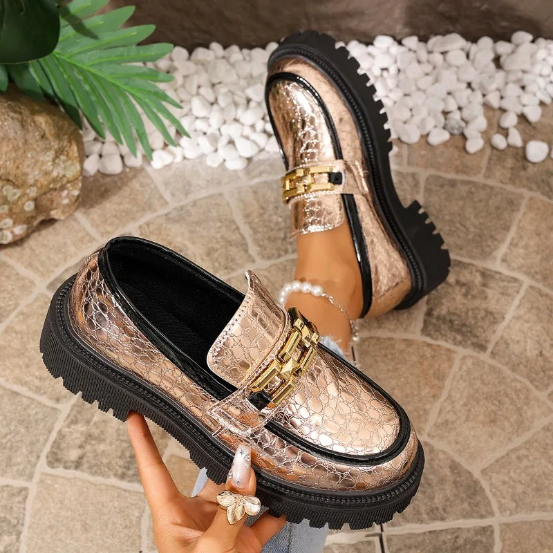 Metal Buckle Embellishment Spring Autumn Women Round Toe Comfortable Zpaxo