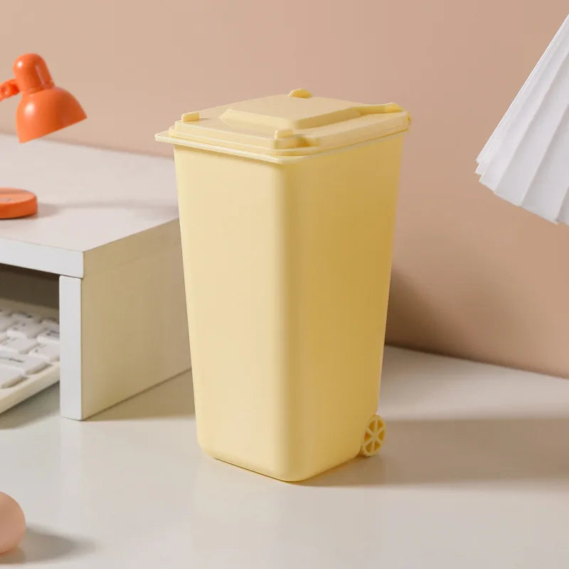 Mini Desktop Trash Can Wheels Lid Manual Lift Plastic Pen Holder
