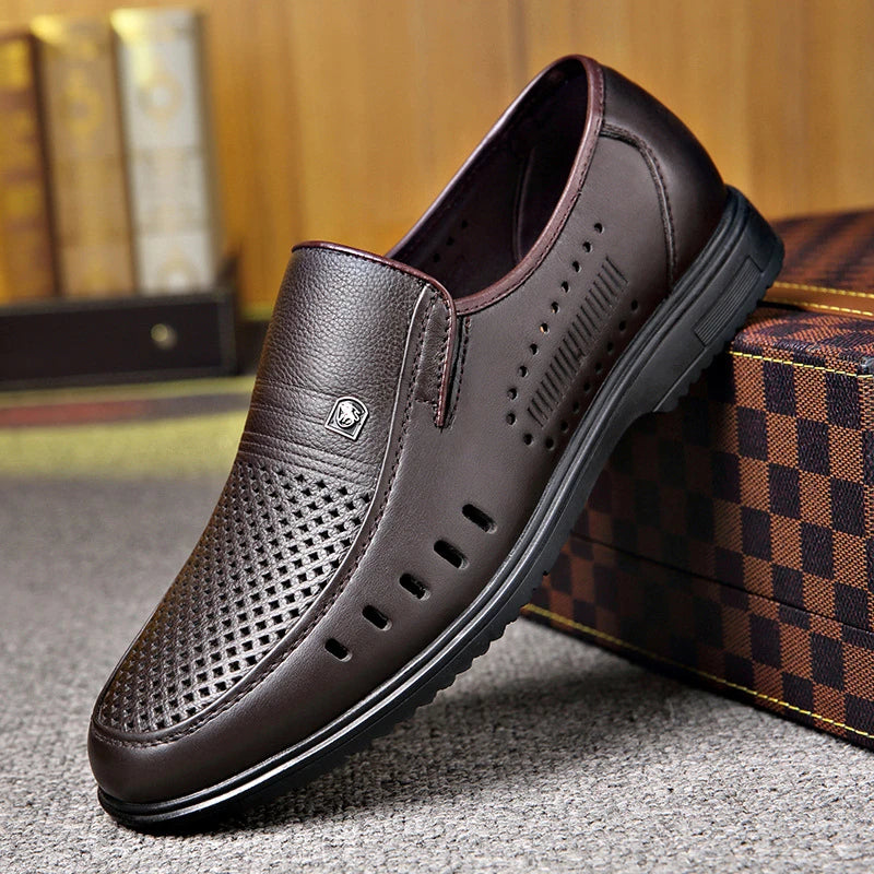 Mens Black Leather Perforated Slip Loafers Breathable Soft Sole Zpaxo