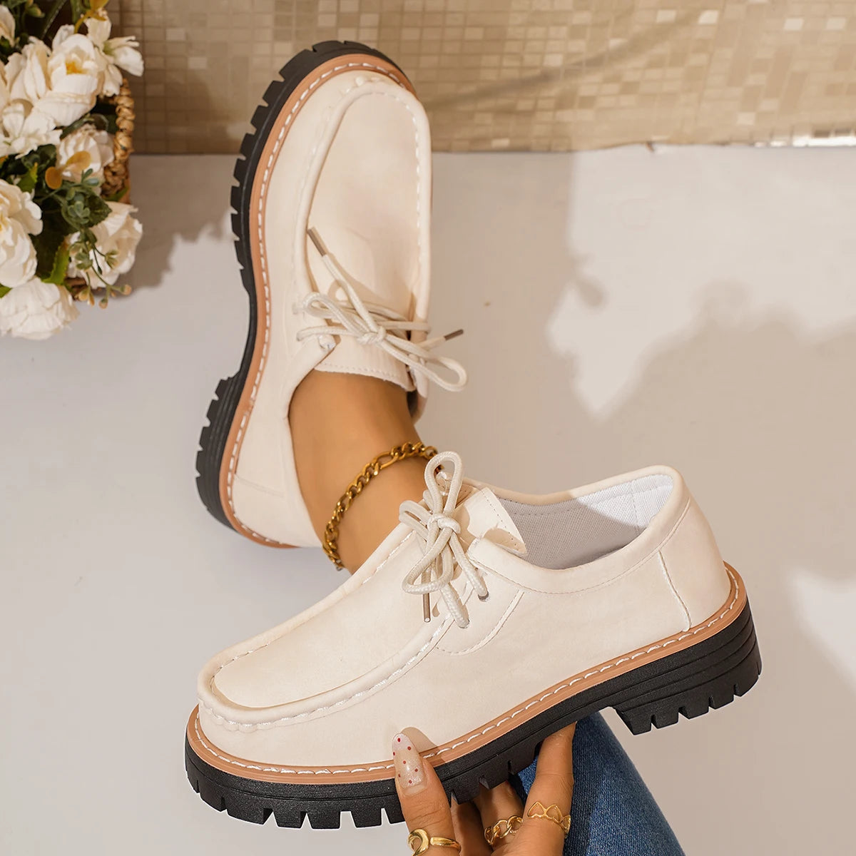 Women Loafers 2025 New Thick Heel Chunky Sole Flats Shoes Comfortable Sneakers Women Spring Autumn British Style Women Shoes Zpaxo Beige 36
