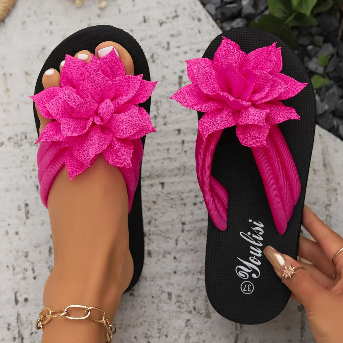Women Slippers Lightweight Flat Sandals Fashion Flower Flip Flops Zpaxo Rosy Red 37