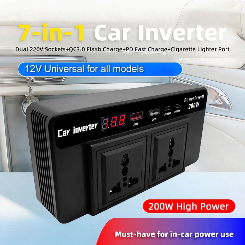 Car Inverter Digital Display QC 3 0 DC 12V AC 220V 200W USB Type-c