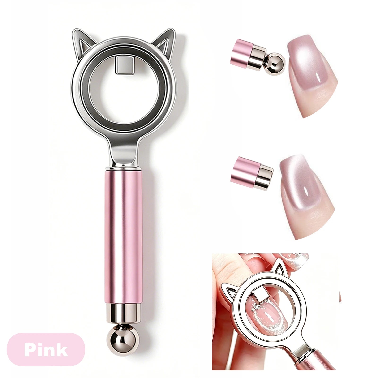 Cat Ear Shape Halo Cat Eye Nail Magnet Strong Ring Magnetic Tool for Glass Bead Side Light Nail Art DIY Magnetic Gel Manicure Zpaxo Pink