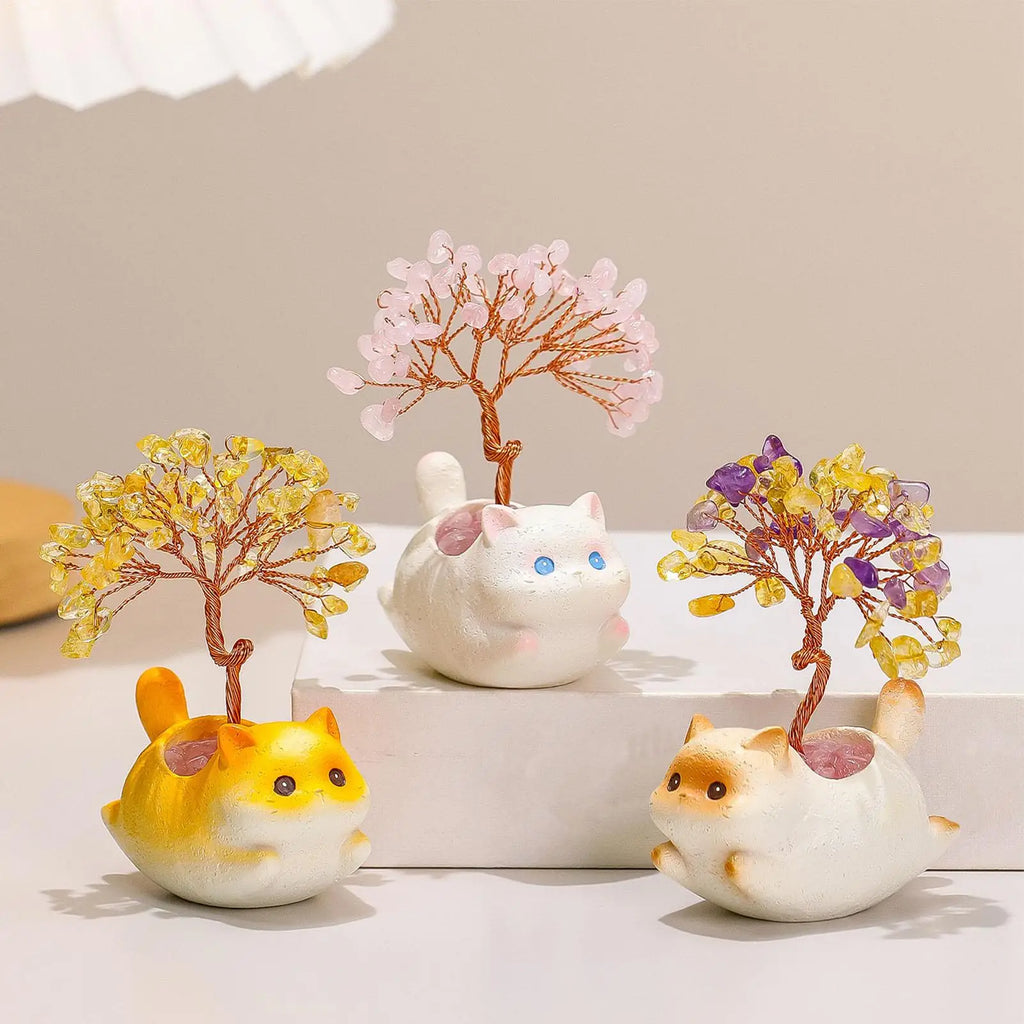 Citrine Crystal Money Tree Cute Kitten Statue Cat Decoration Desk Car