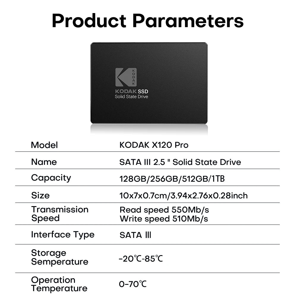 KODAK X120Pro 2.5 Inch Solid State Drive SSD SATA3.0 High-Speed Interface 550M/S Read Speed Suitable for Desktops Laptops Zpaxo