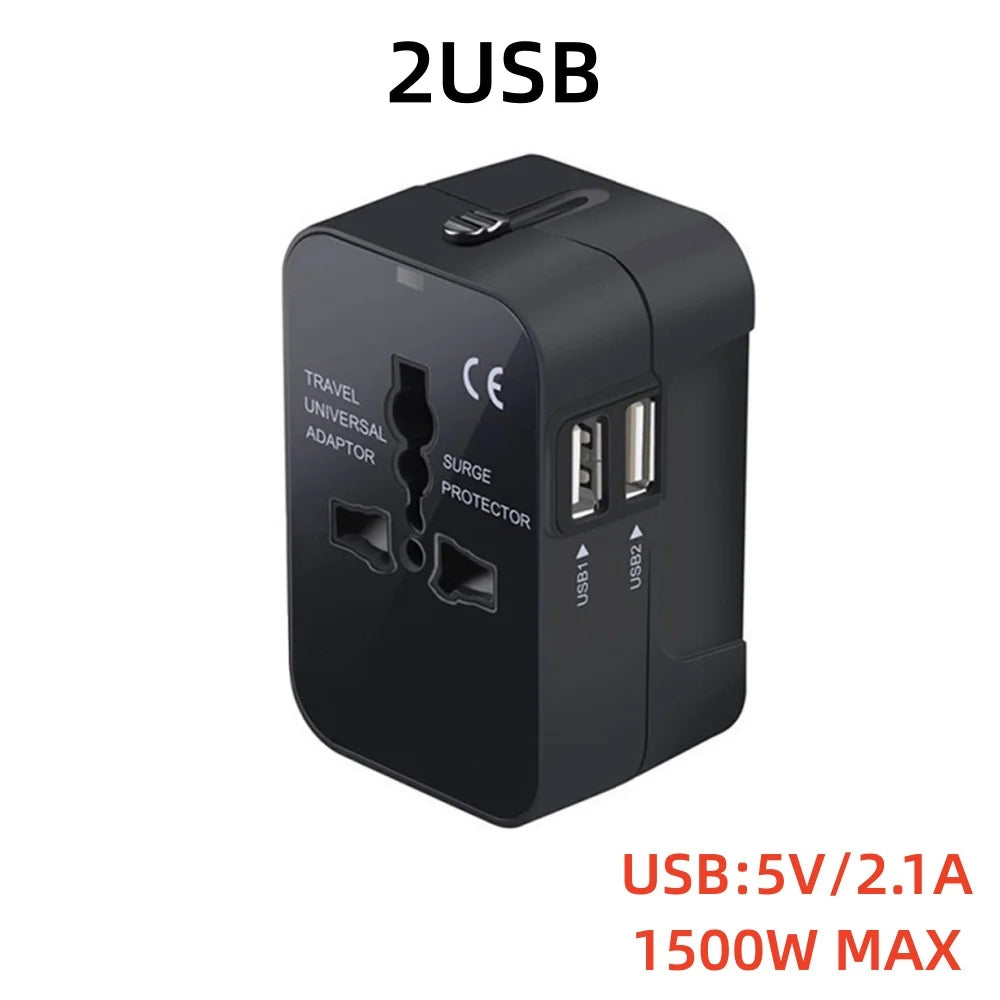 Universal Worldwide Travel Adapter Multi Plug Outlet USB Type C Socket Multi Ports Wall Adapter For EU/UK/USA Cell Phone Charger Zpaxo black 2USB A