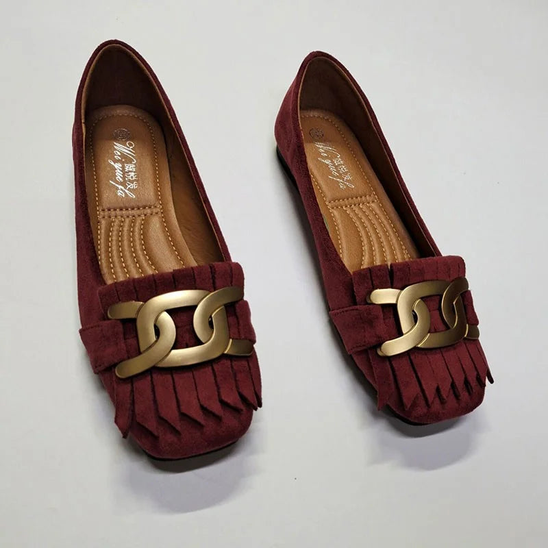 Flat Shoes Woman Retro Tassels Square Shallow Single Shoes for Women 2023 New Metal Buckle Flat Loafers Women Big Size 45 45 46 Zpaxo