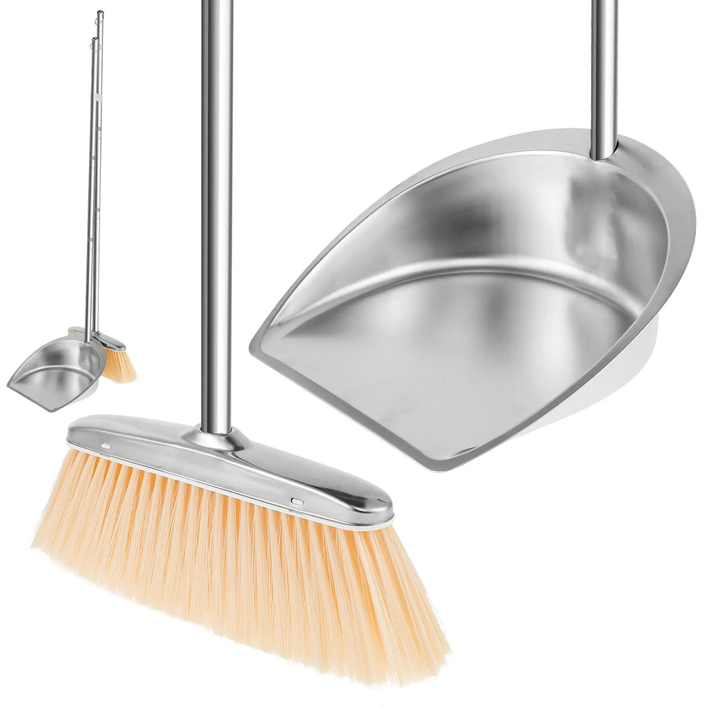 Broom and Dustpan Set Long Handle Upright Stainless Steel Dustpan Broom Set Portable Household Cleaning Tools for Home Office Zpaxo A-Round