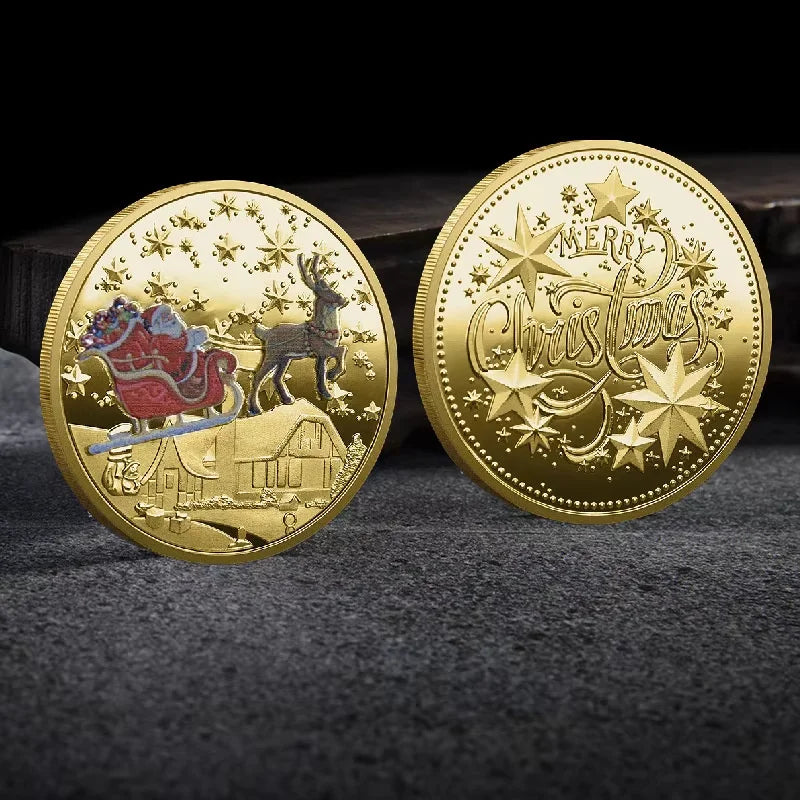 Christmas Souvenirs Merry Christmas Plated Gold Coin Santa Claus Colorful Star Snow Collectible Coins 1PCS Zpaxo one size Gold
