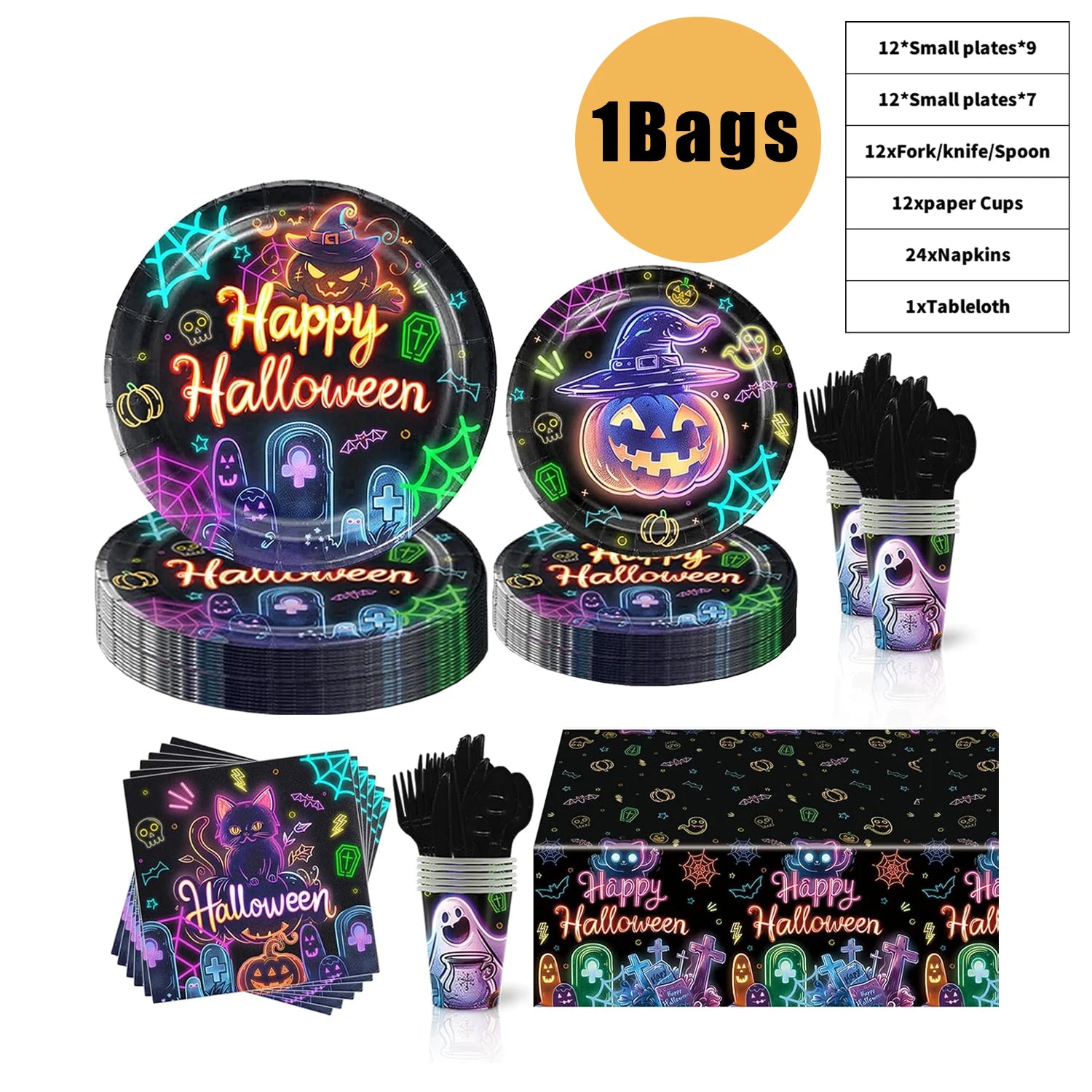 Glowing Disposable Halloween Tableware Complete Fluorescent Plates