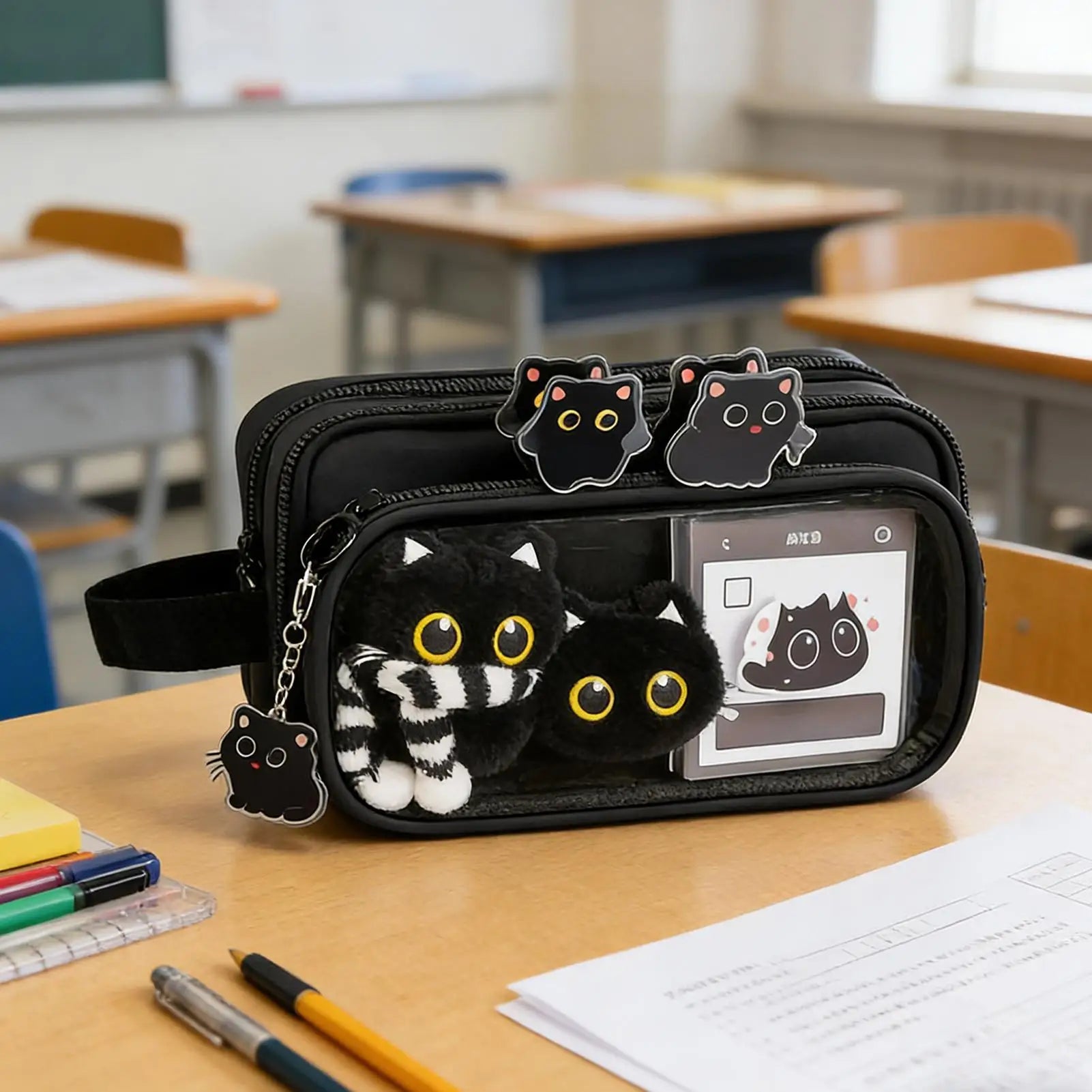 Cute Pencil Pouch Sticky Notes 10-Layer Black Cat Animal Case