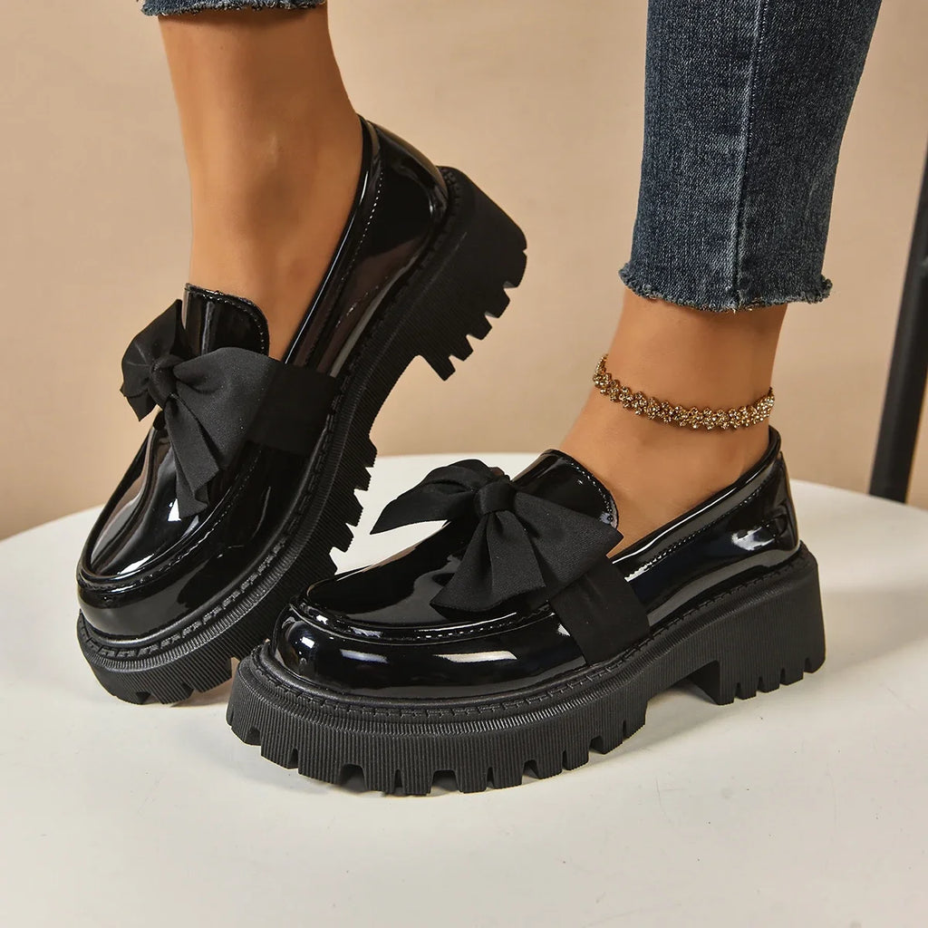 2025 New Women Loafers Bow Casual Rubber Sole Shoes Round Toe British Style Sneakers Women Thick-Soled Korean Style Women Shoes Zpaxo