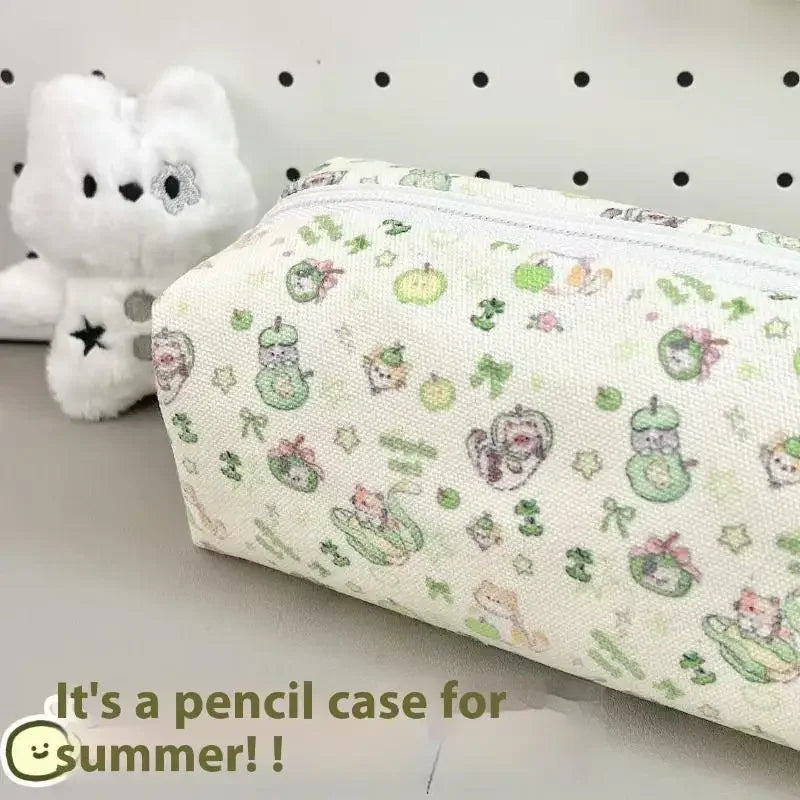 1 Piece Cute Green Apple Cat Printed Makeup Bags Cartoon Kitten Pencil Bag Large Capacity Stationery Storage Bag Zpaxo