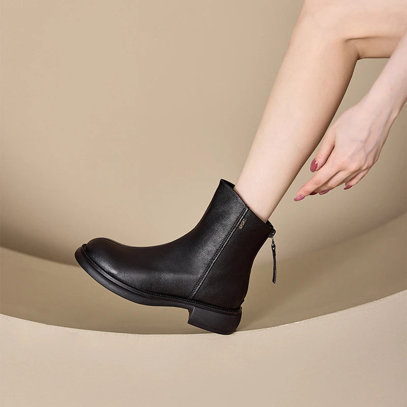 Women Leather Ankle Boots 2026 Round Toe Back Zipper Low Block Heel Zpaxo