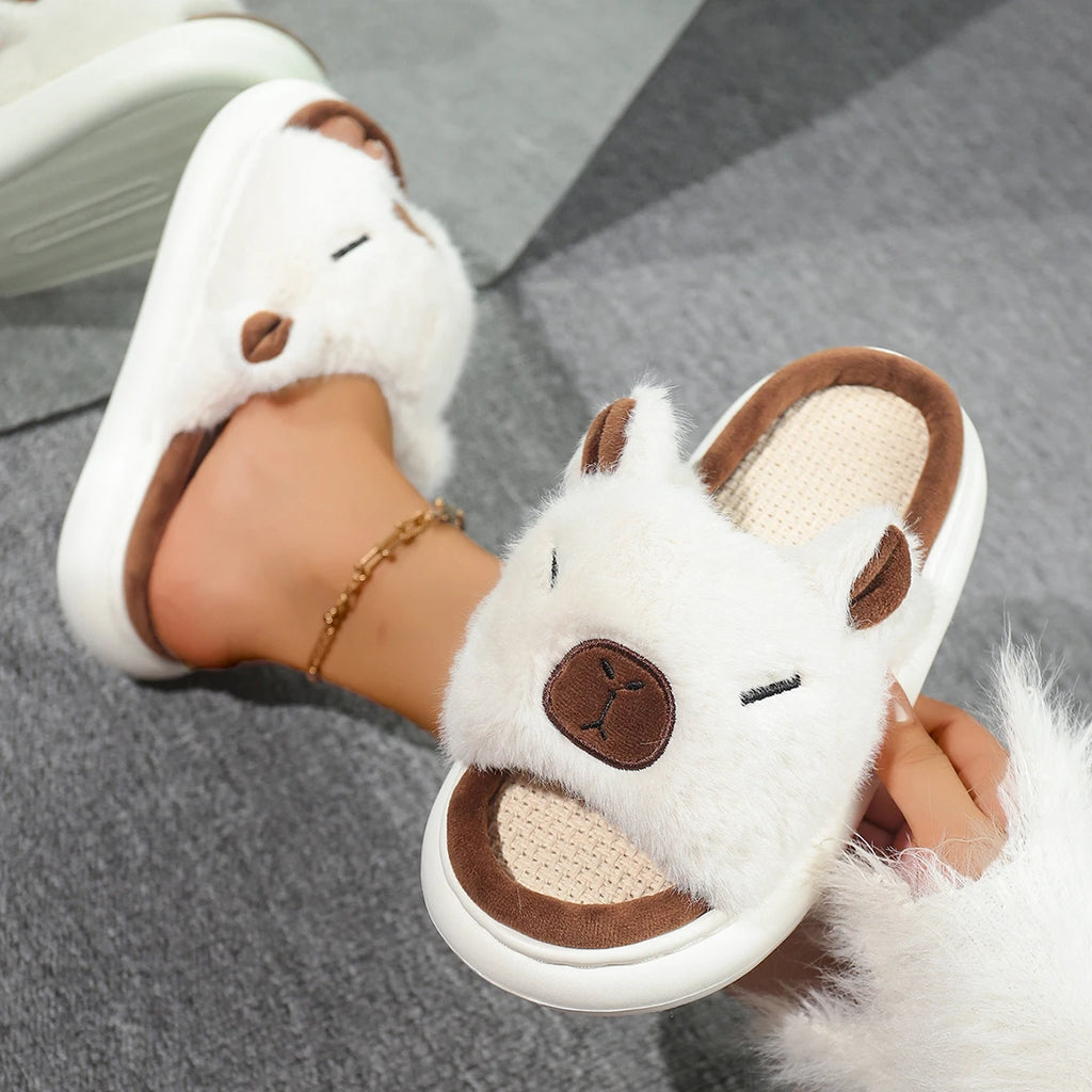 Women Home Slippers 2025 New Fashion Linen Slides Women Comfortable Platform Shoes Ladies Capybara Cute Cartoon Indoor Slippers Zpaxo