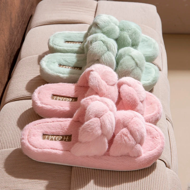 SHAJI Womens Open Toe Criss Cross Fuzzy Plush Cloud Cushion Slides