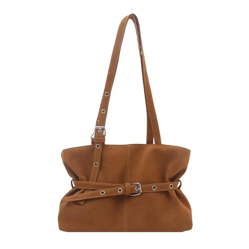 Vintage Suede Tote Bag with Belt Buckle | Women's Shoulder Bag Suede Tote Bag Zpaxo Brown