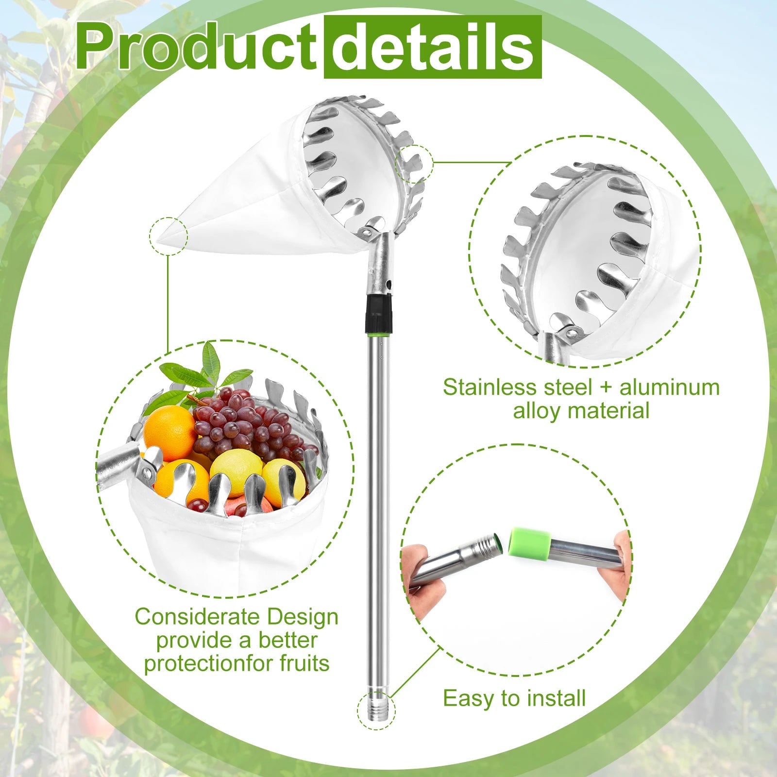 3.2M Fruit Picker Tool Metal Gardening Orchard Picking Tool with Storage Bag Fruit Catcher for Cherry Berry Orange Lemon Pear Zpaxo