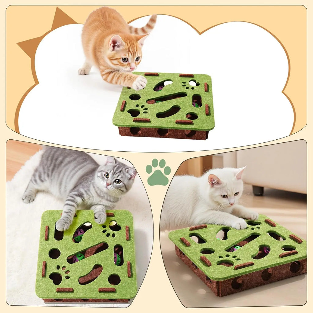 Felt Cat Puzzle Maze – Battery-Free Toy with 3 Bell Balls