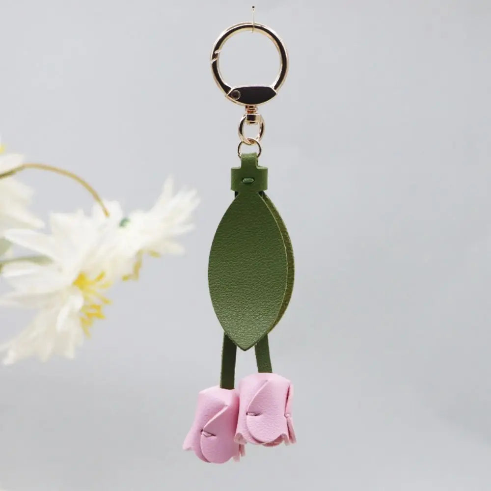 Cute Sweet Tulip Bag Pendant Dopamine Korean Style Car Key Chains PU Leather Bag Charms Floral Lanyard Lady Zpaxo