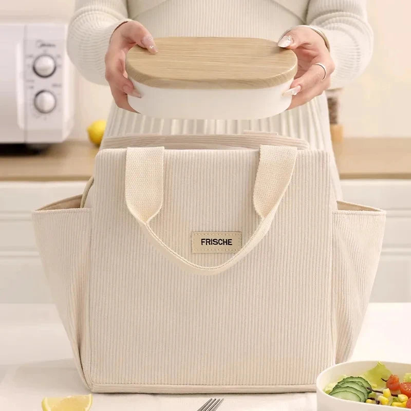 Corduroy Insulated Lunch Bag Portable Box Office Workers Students