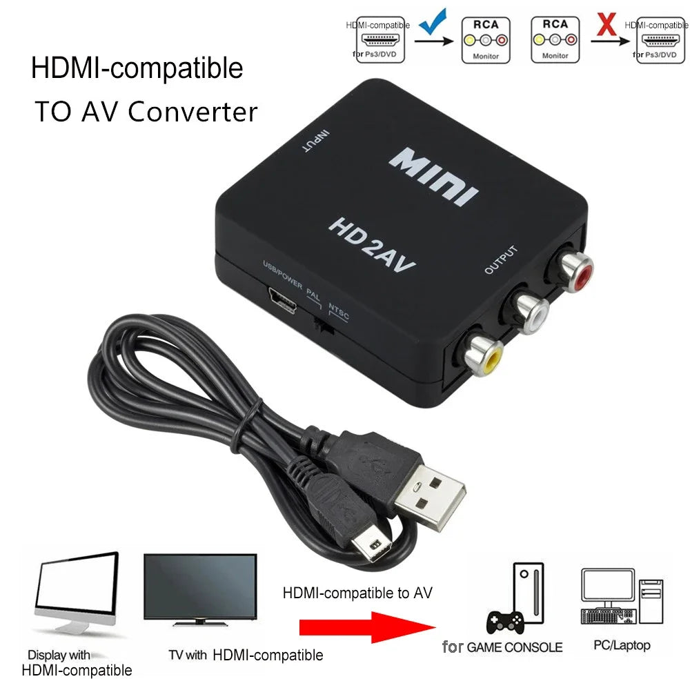 HD 1080P HDMI-Compatible to RCA Converter AV/CVSB L/R Video Box 1920*1080 60Hz HDMI-Compatible to AV Support NTSC PAL Output Zpaxo