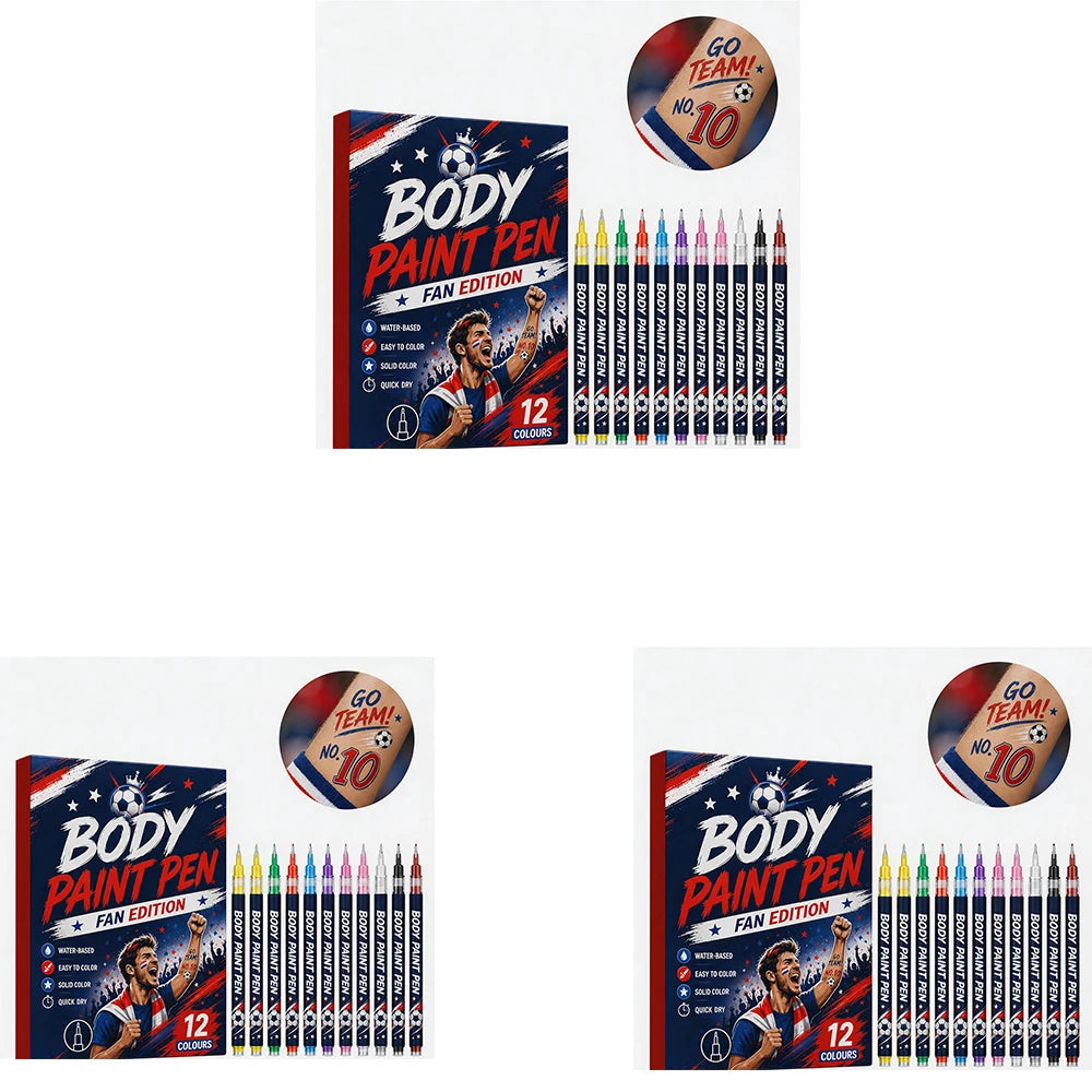 Sports Fan Body Paint Markers, 12 Vibrant Colors Quick Dry Water-Based Face & Body Pens for Game Day & Carnival Zpaxo 3boxed