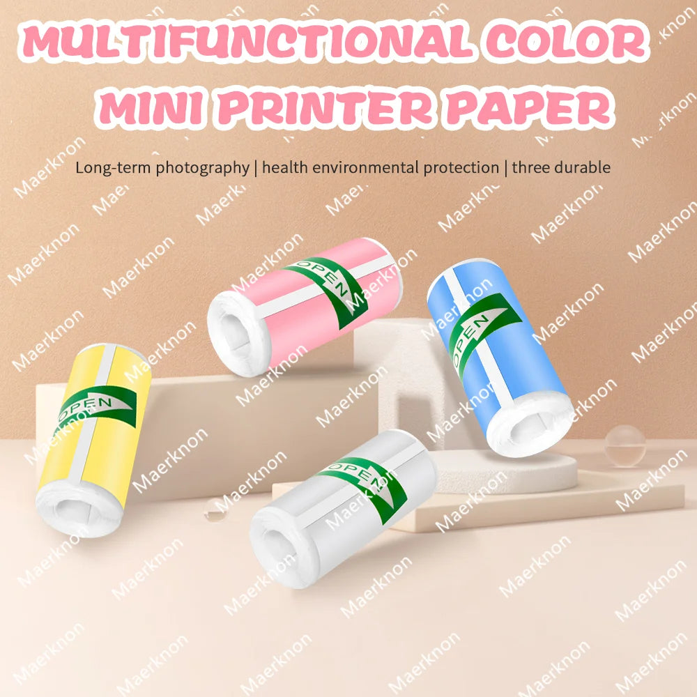 5 Rolls Colorful White Mini Printer Self-Adhesive Paper, 57mm Adhesive Thermal Printing Paper, Office Label Paper Printing Paper Zpaxo